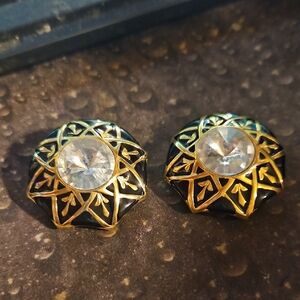 Black Gold Clear Rivoli Clip Earrings